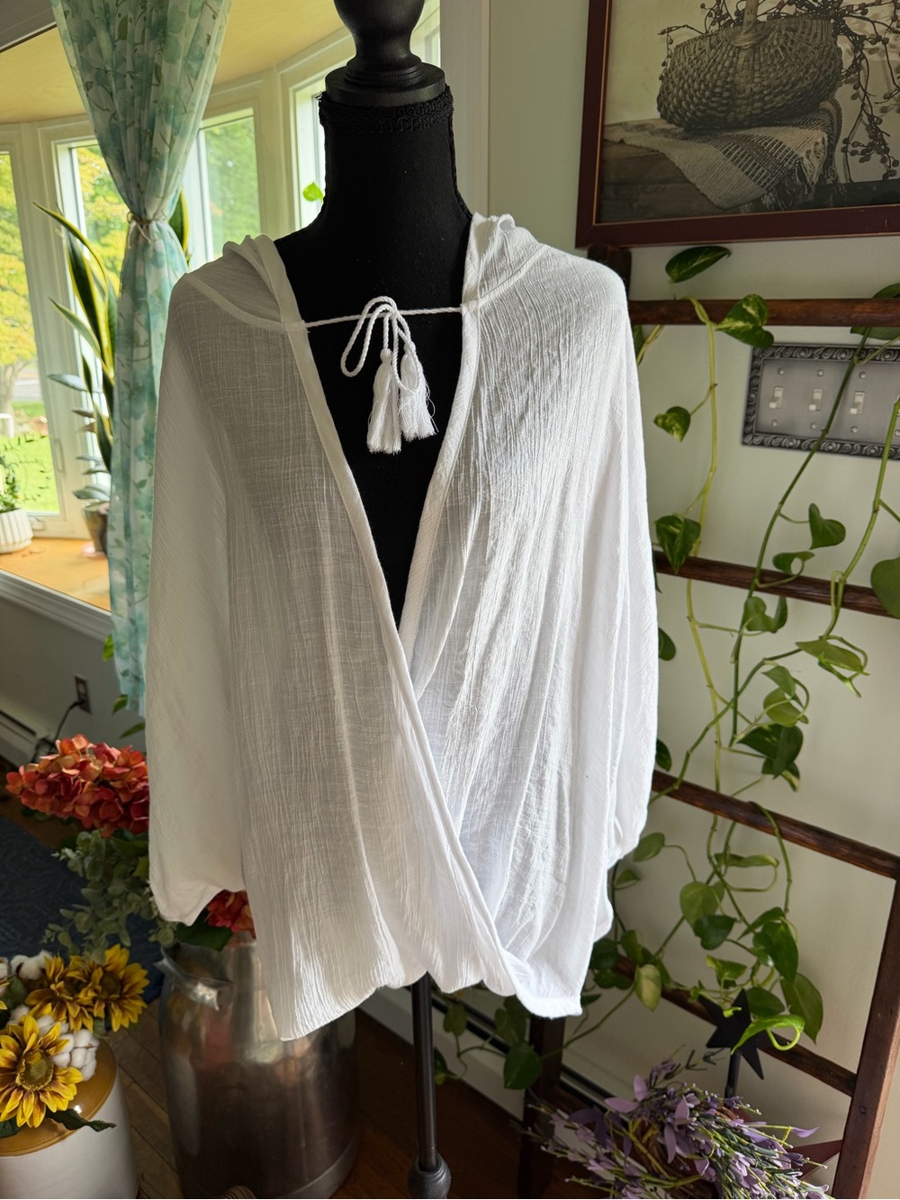 Soho White Hooded Gauze Wrap Blouse NWOT